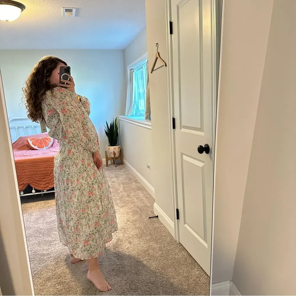 NWT THE GREAT. Floral Gray Pink Cotton Maxi Dress Large 3 - Picture 3 of 12